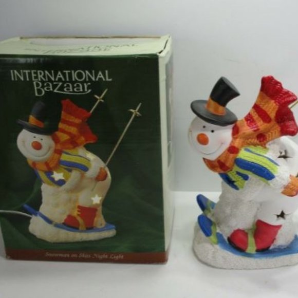 Christmas Holiday Decor Snowman Skiing Night Table Lamp Stars Ceramic Figurine - Picture 15 of 16